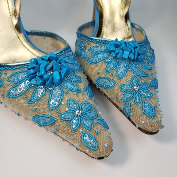 Rene Caovilla Tan w Turquoise Stones Heel Sling sz 8.5 / 39 - Picture 9 of 15